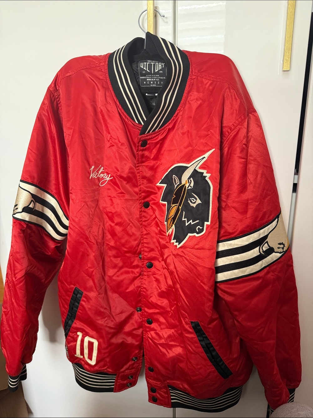 Tory Burch Red Satin Varsity Bomber Jacket with Embroidered Wolf Patch